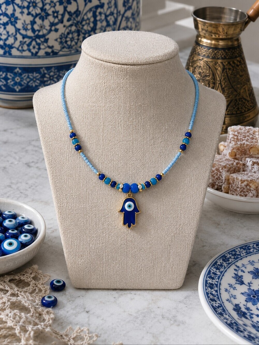 Turkish Handmade 18K Gold Plated Hamsa Evil Eye Blue Bead Boho Layering Necklace